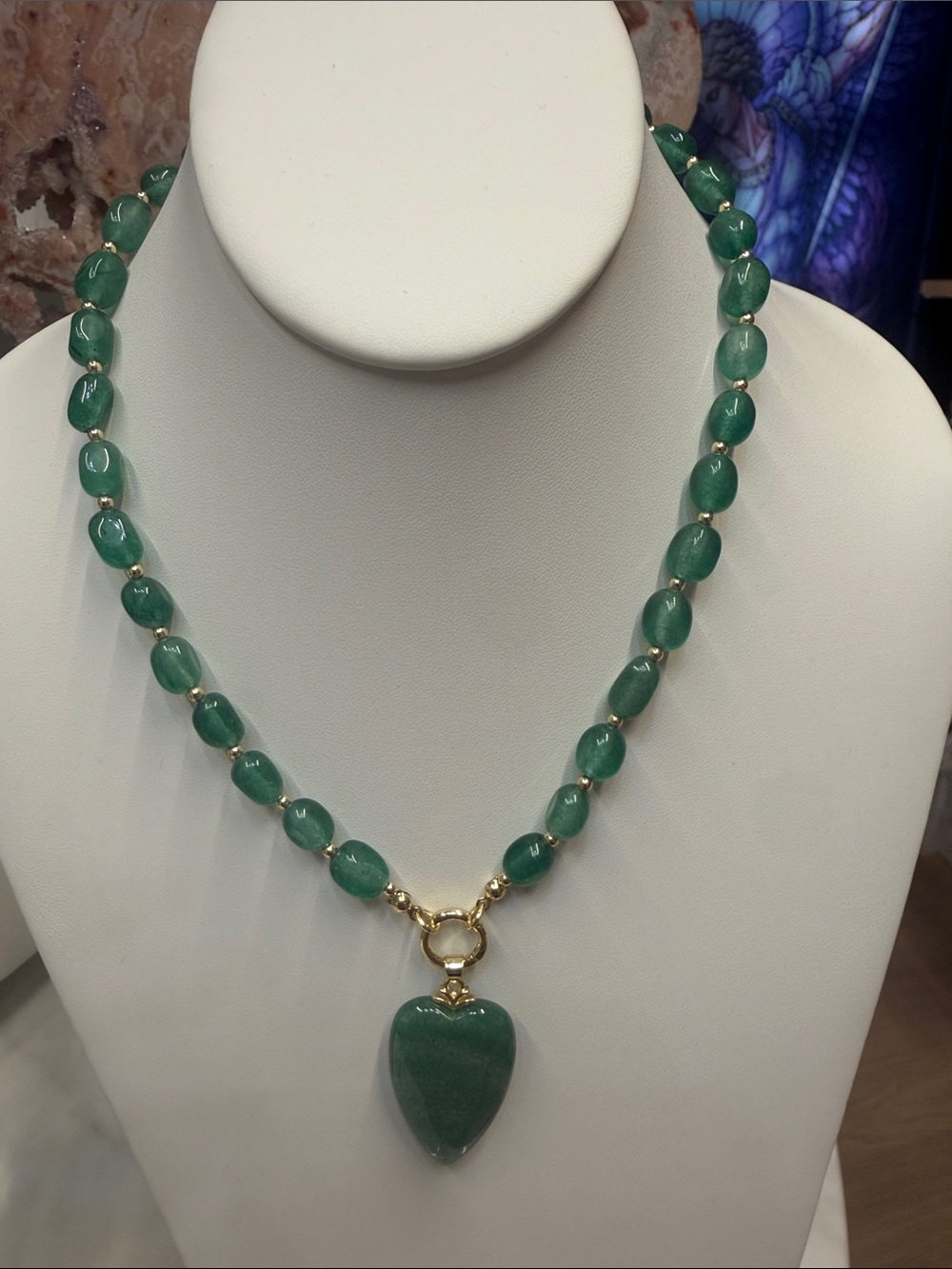 Green Gemstone Heart Pendant Necklace - Gold Accents jade
